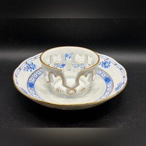 HEREND Vintage Waldstein Blue Hand Painted Porcelain Trembleuse Cup Saucer